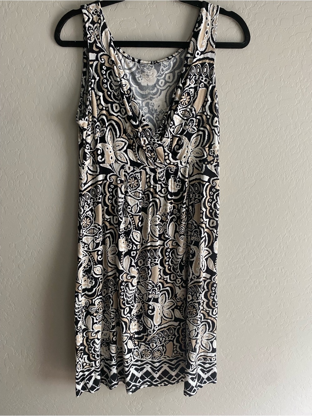 St. Johns Bay Black Tan Paisley Faux Wrap Sleeveless Knit Midi Dress L
